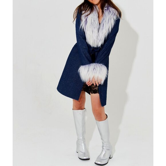 💋GORG!💋LIMITED EDITION FAUX MONGOLIAN FUR COLLAR GLITTERY DENIM AFGHAN COAT - Picture 12 of 16